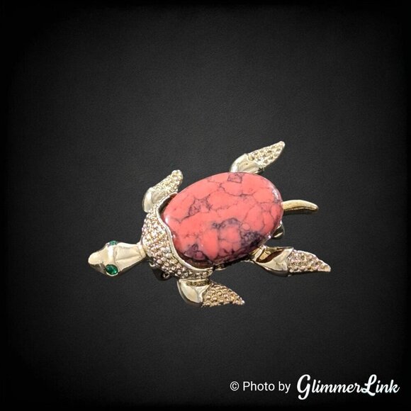Vintage 1960s Gerry's Pink Stone Rhinestone Turtle Gold Tone Brooch Pin - Picture 2 of 9